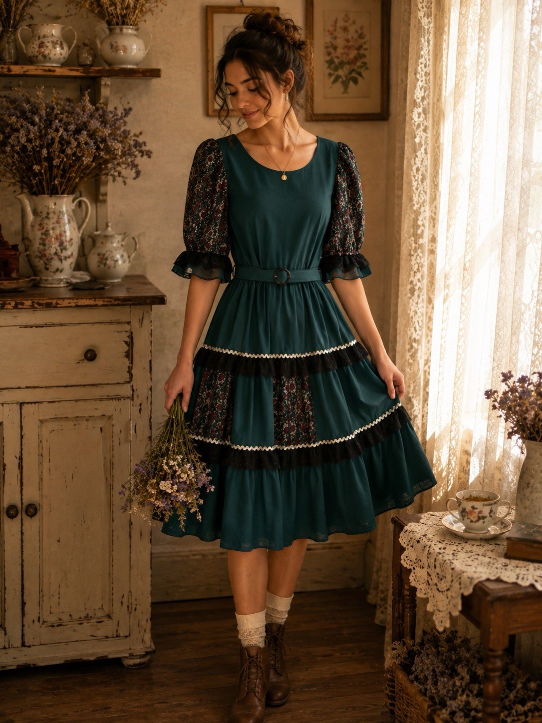 VTG Pete Bettina Green Silver Black Lace Square Dancing Dress Dance Rockabilly