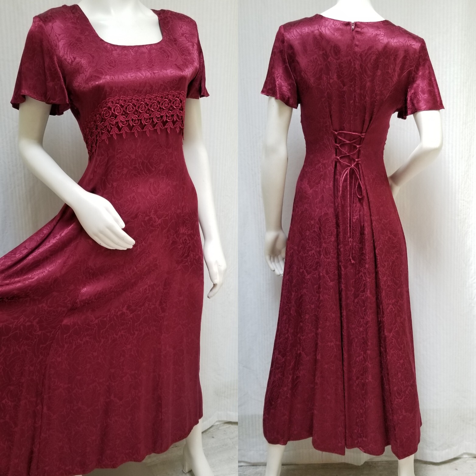 Vintage JODY California Merlot Floral Satin Tie Back Dress w/ Crochet Trim – M