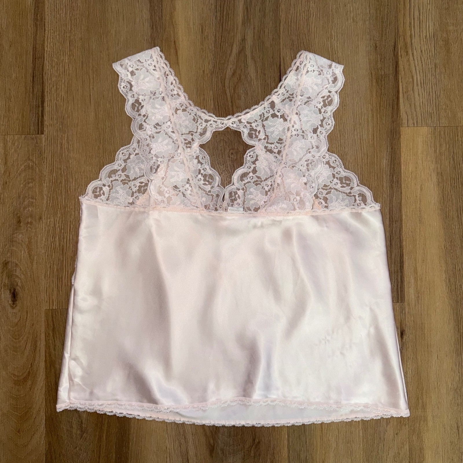 Vintage Pink Satin Lace Trim Camisole Top Keyhole Back L sexy fairy dainty