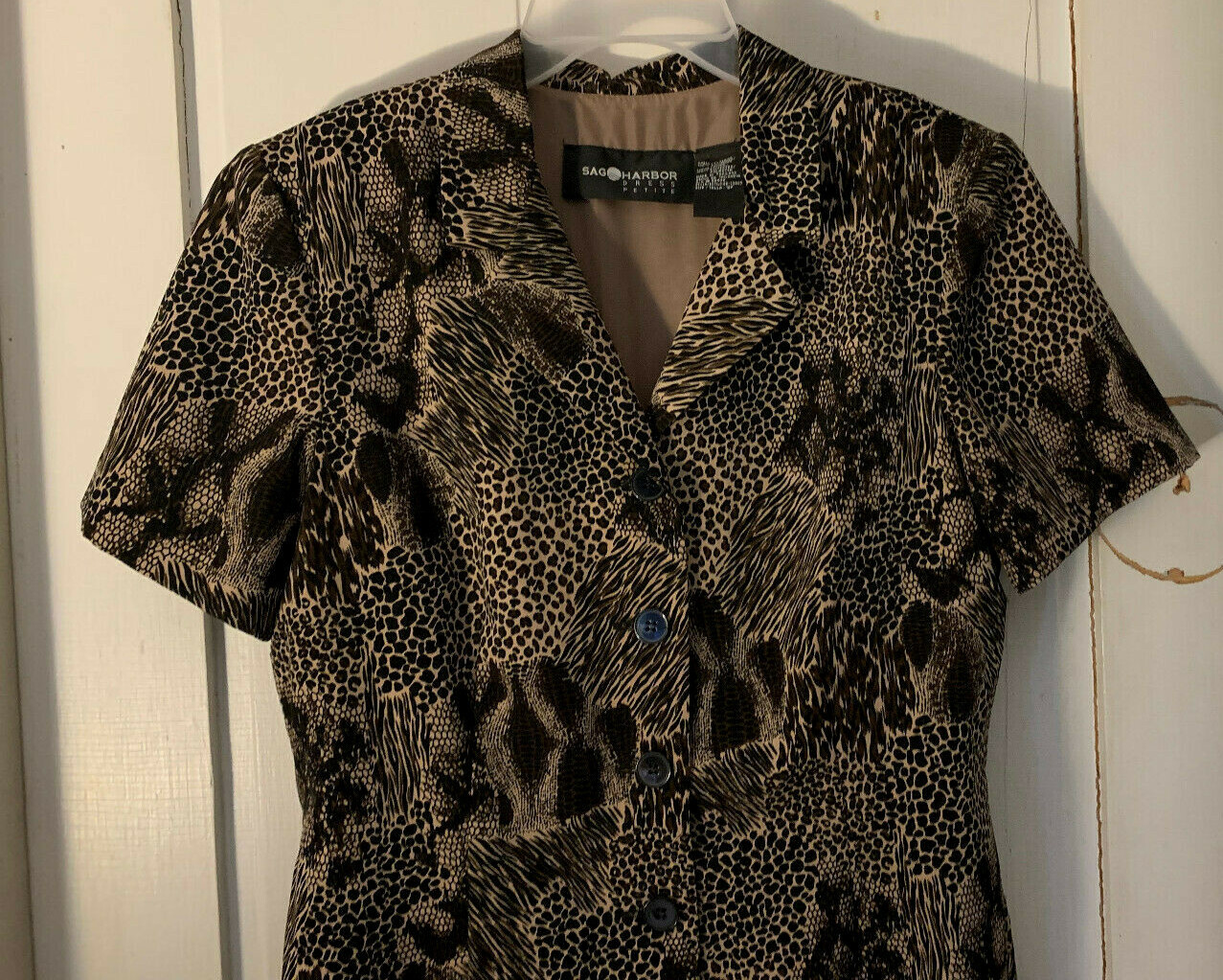 90s vtg Y2K Mob Wife Dress Jungle Print Peplum Brown Black Belt M-L Bust=36
