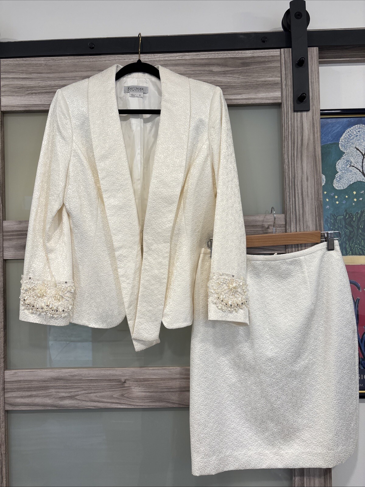 Kay Unger NY Skirt Suit Women Jacket Sz8 Silk Cotton Blend Skirt Sz 4 Beading
