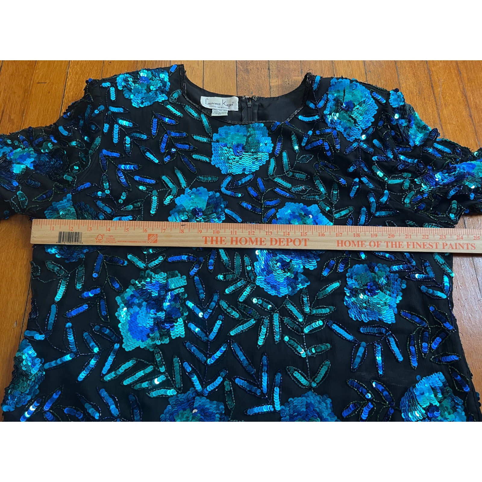 Laurence Kazar Vintage Blue Sequin Silk Blouse Floral Scalloped Hem Top 2X