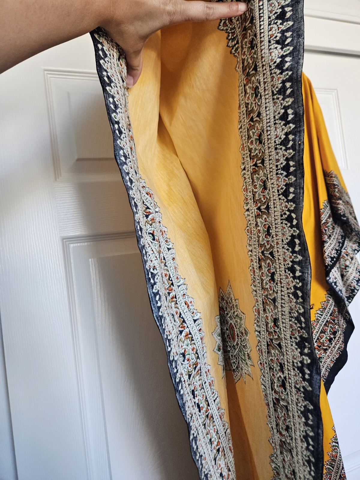 Vtg Thai Cotton Vibrant Yellow Printed Ethnic Asian Maxi Dress Kaftan XS