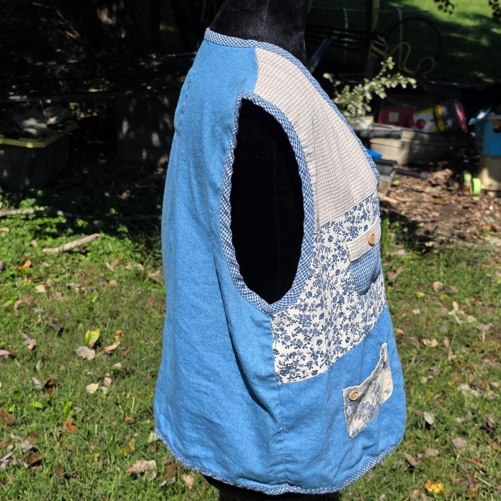 Koret City Blues Womens Floral Patchwork Vest Cottagecore Blue Large Pockets VTG
