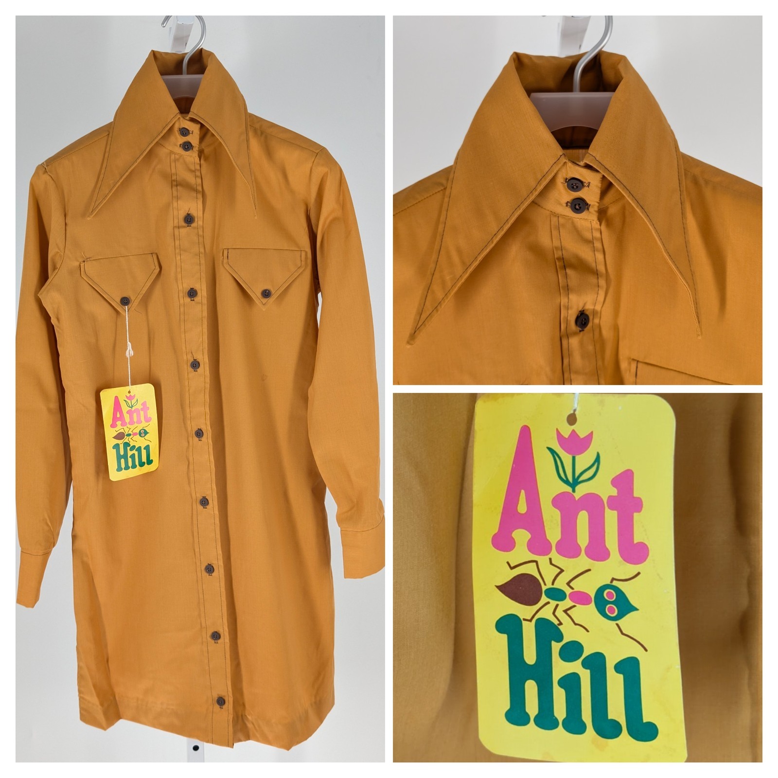 Ant Hill Vintage 70s Shirt Dress S NOS Mustard Yellow Dagger Collar Disco USA