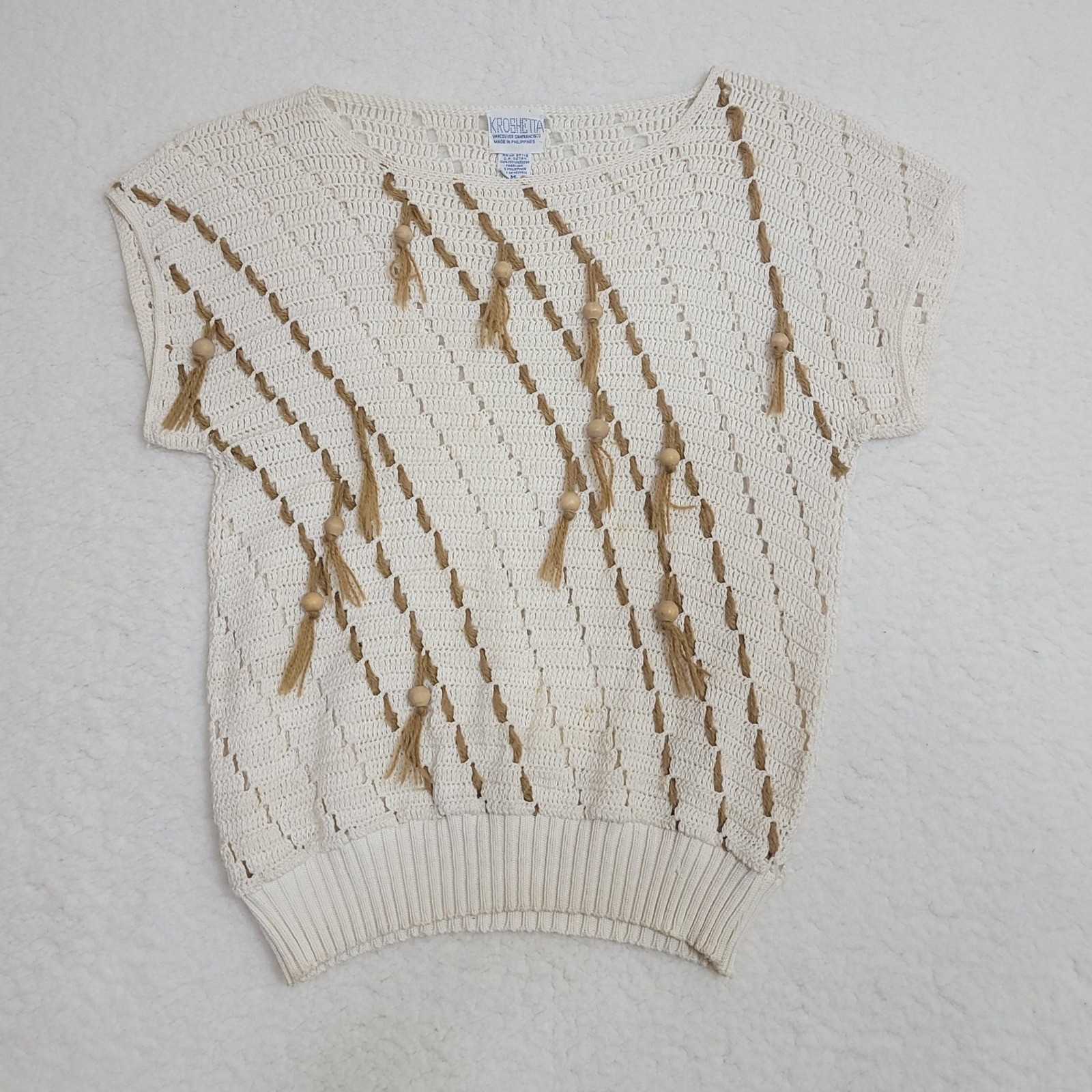 Kroashetta Crochet Knit Top Womens Medium White Boho Beaded Tassel Vintage
