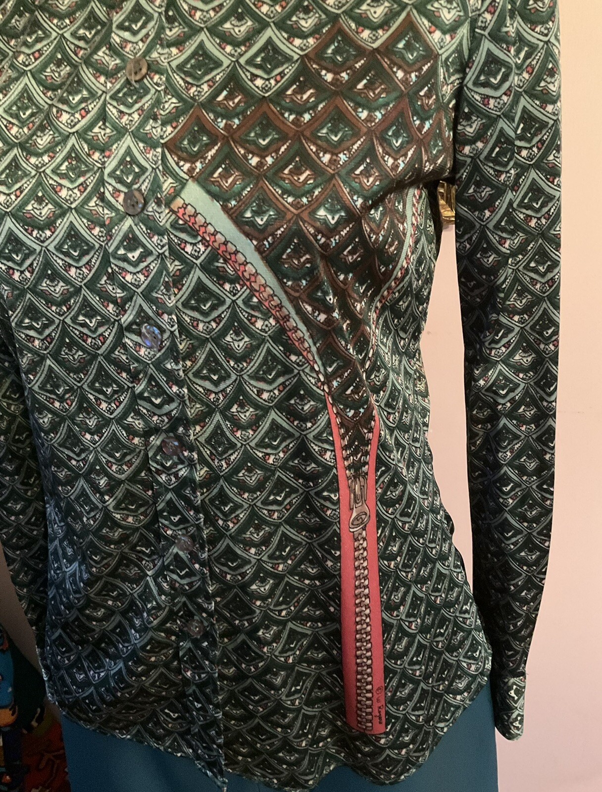70s Wayne Rogers Shirt Nylon Designer Green Multiprint zipper Graphic M Button