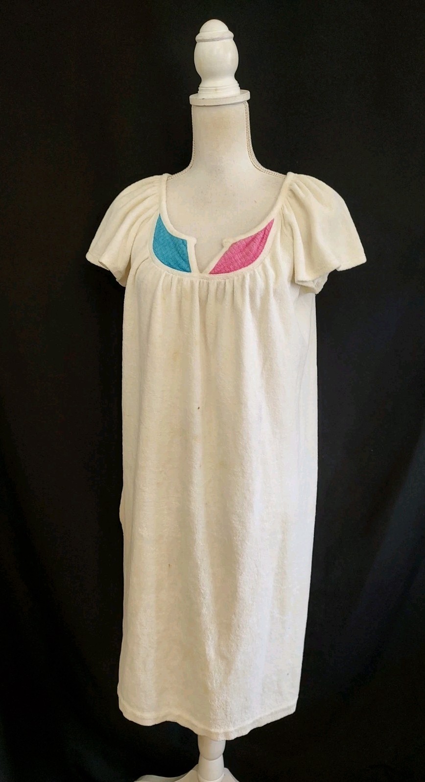 80’s Vintage House Dress Coverup Day Casual Style Terrycloth White Blue Pink S/M