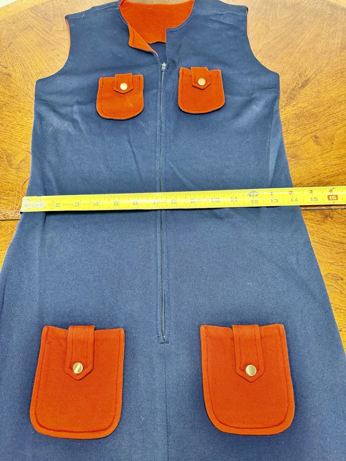 Vintage 1970s Mod Women’s Navy & Red Shift Dress with Gold Buttons
