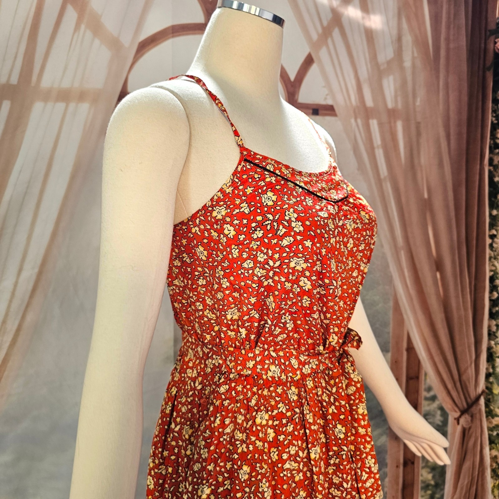 Vintage 1970s Dress Sundress Spaghetti Straps Tie Belt Red Cream Floral Boho