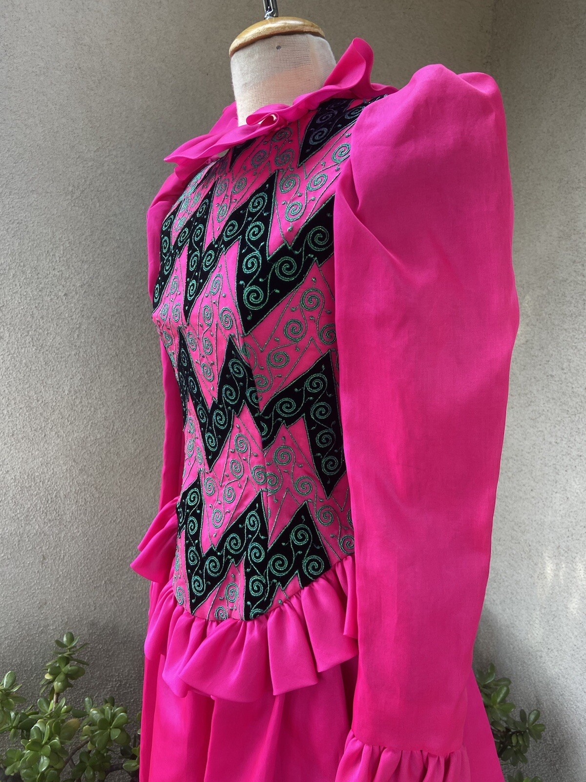 Vtg Amen Wardy designer neon chiffon dress ruffles embroidery XS/S P