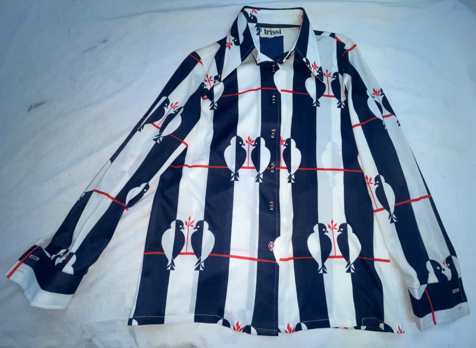 VTG 60S 70S WOMENS S BIRDS STRIPE BUTTON RETRO DISCO TRISSI SHIRT