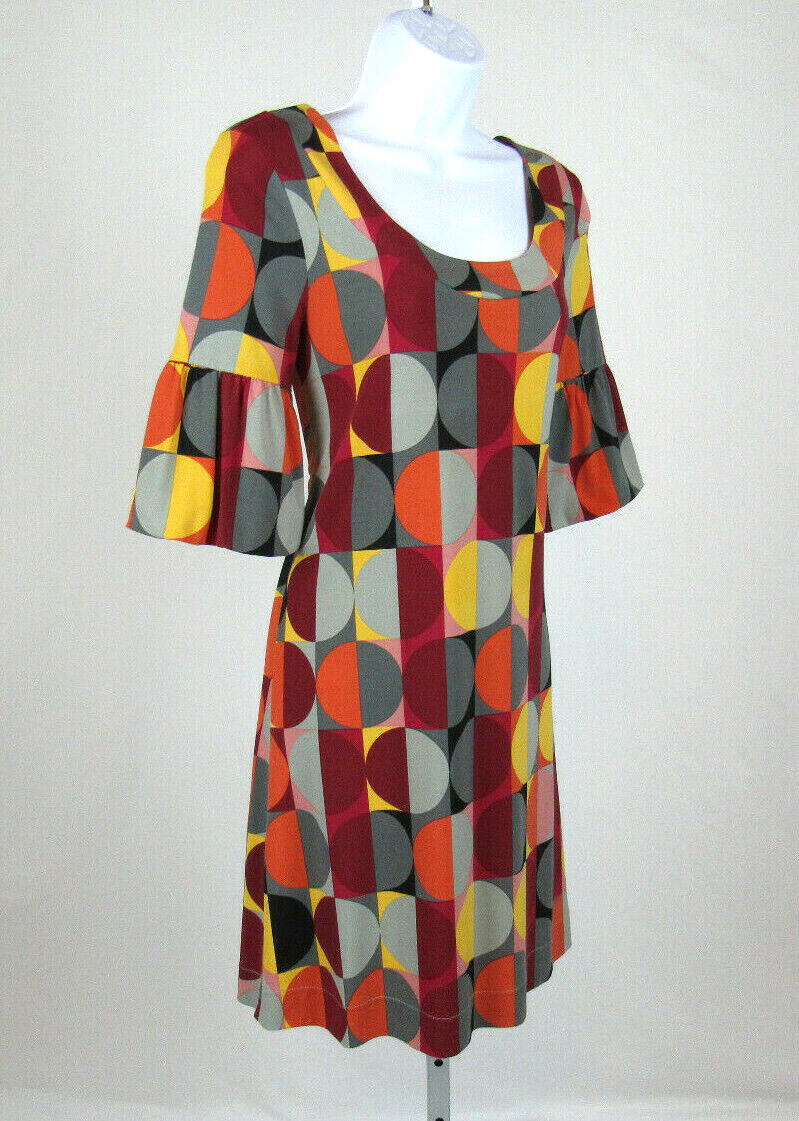 VTG 1980s 90s ELLE SMALL POLY SPANDEX DRESS MOD GEOMETRIC PATTERN PUFFY CUFFS