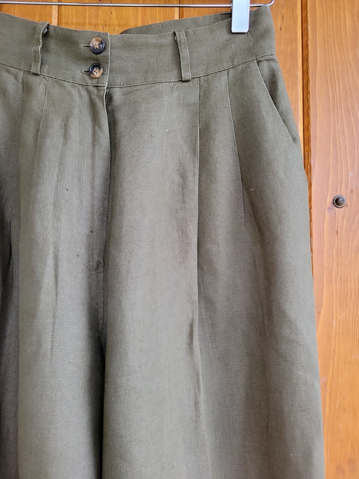 Vintag Lauren Alexandra Sz 8 Olive 100% Linen High Rise Pleated Tapered Trouser