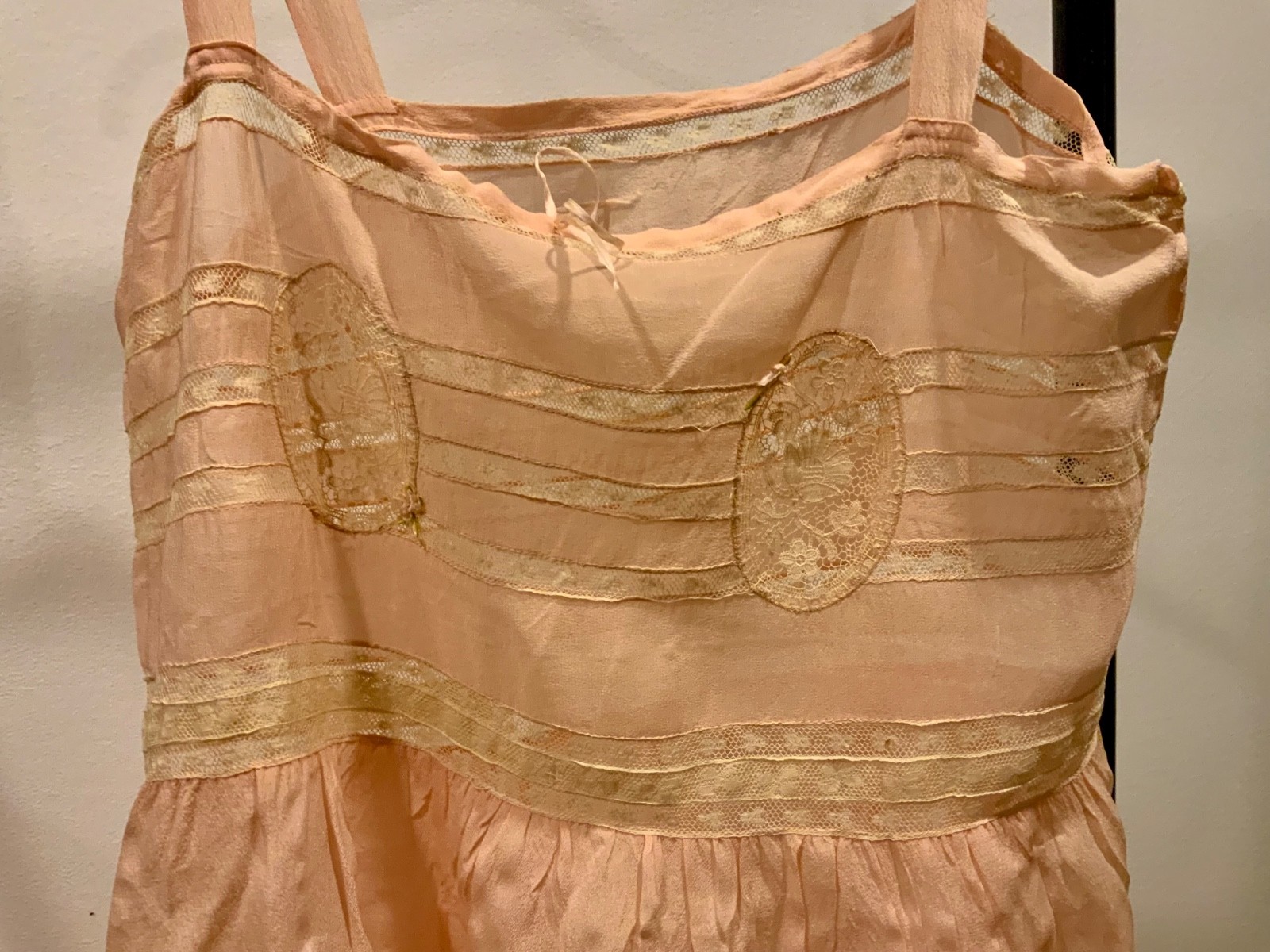 Circa 1912–1918 Blush Pink Silk Chiffon Teddy with Antique Lace – Edwardian Silk