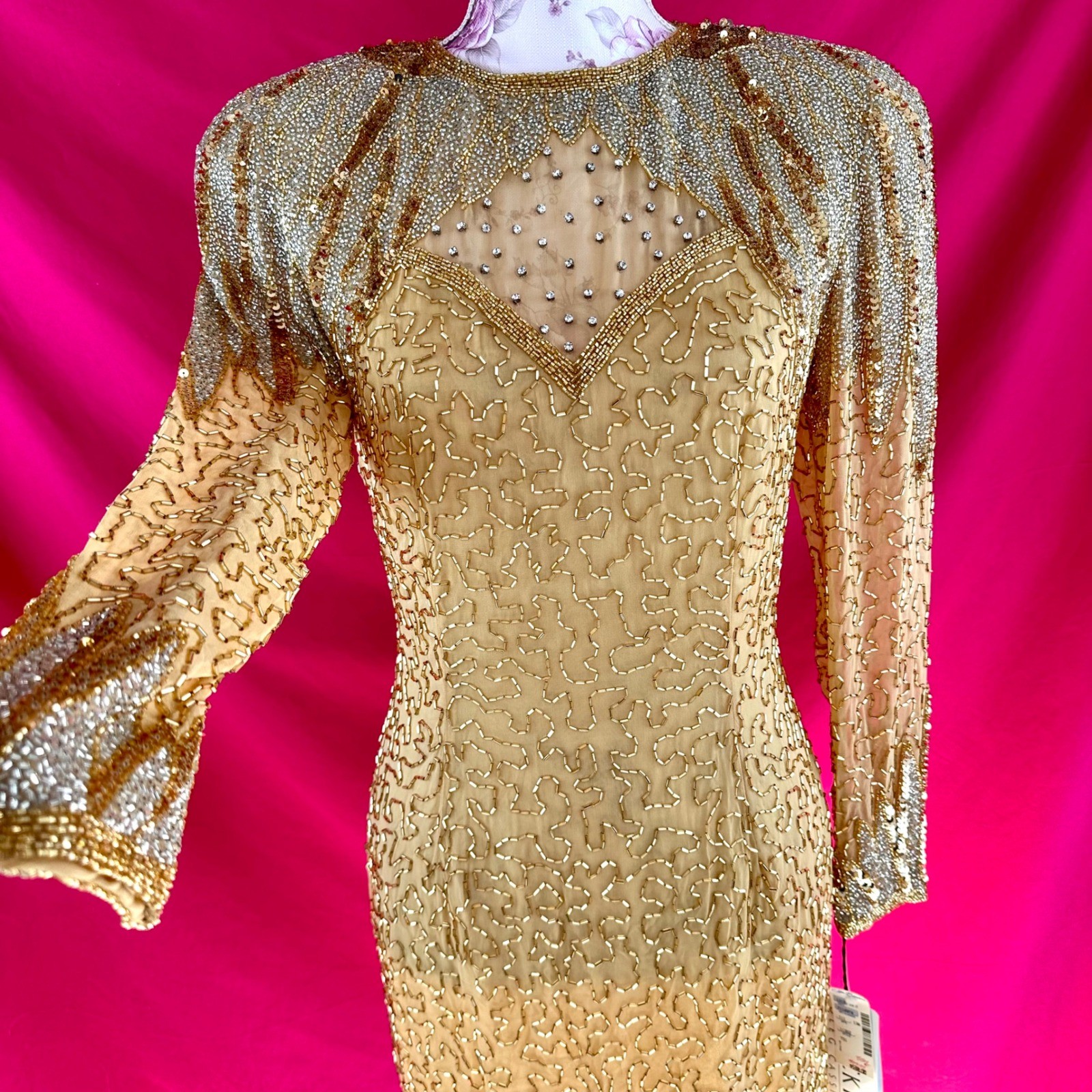NWT Beaded Sequin Rhinestone Silk Gold Party Midi Dress Oleg Cassini Size 6 NYE
