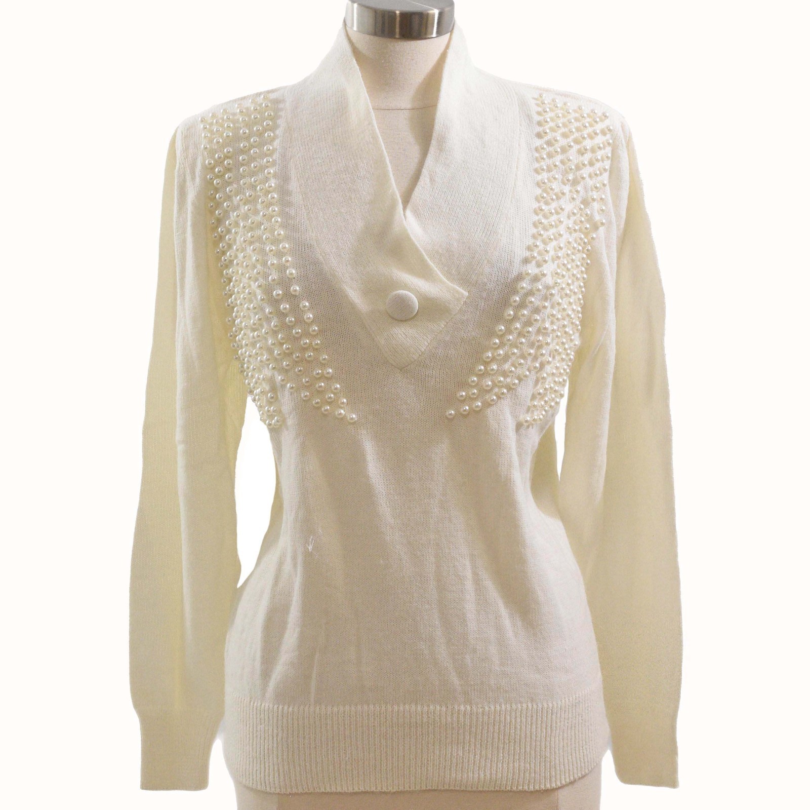 70s Vintage Ivory Pearl Embellished Sweater Womens M Shawl Collar Art Deco