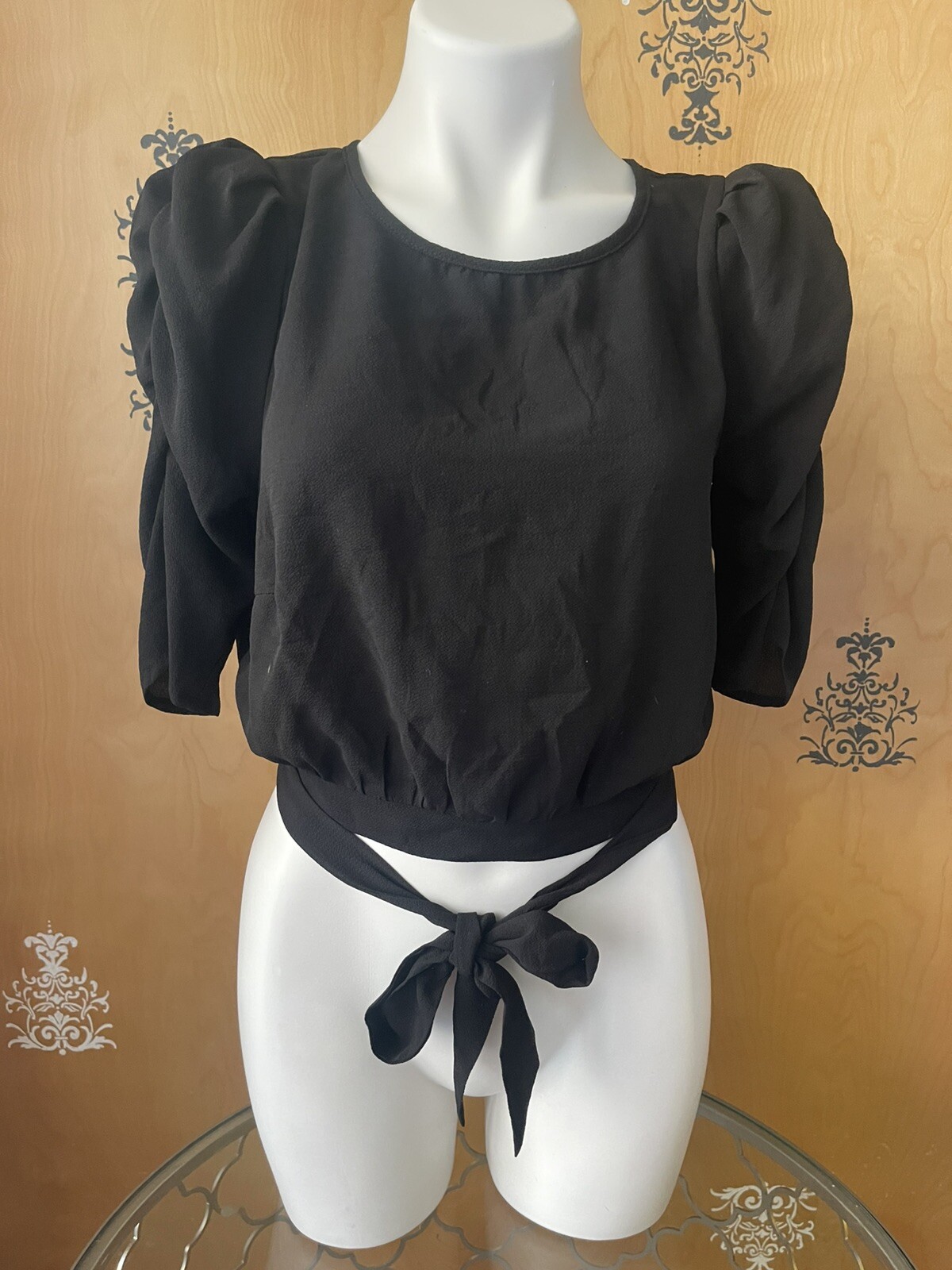 NWT Y2K 2000 Peplum Blouse Crop Top 1/2 Sleeve Adjustable Tie Strings Black S/M