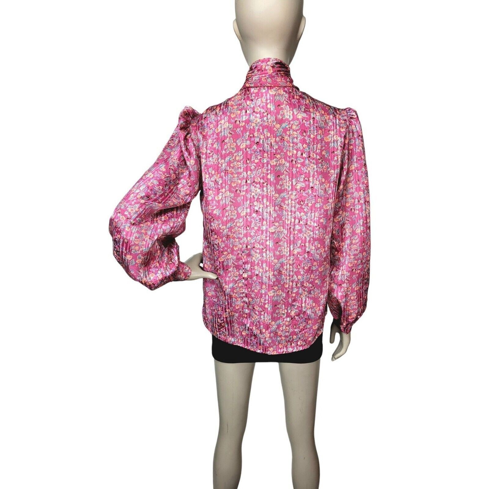 VTG 70s Pink Abstract Floral Neck Bow Puff Balloon Sleeve Satin Striped Blouse