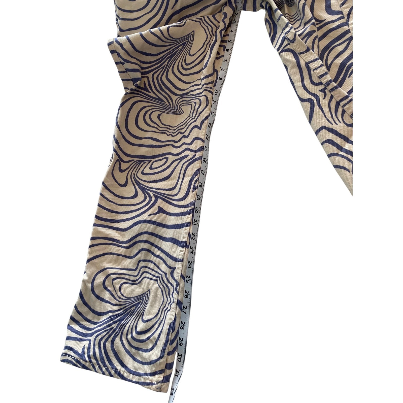 Zara Womens Blue and Cream Psychedelic Zebra Swirl Boot Cut Jeans Size 10 Retro