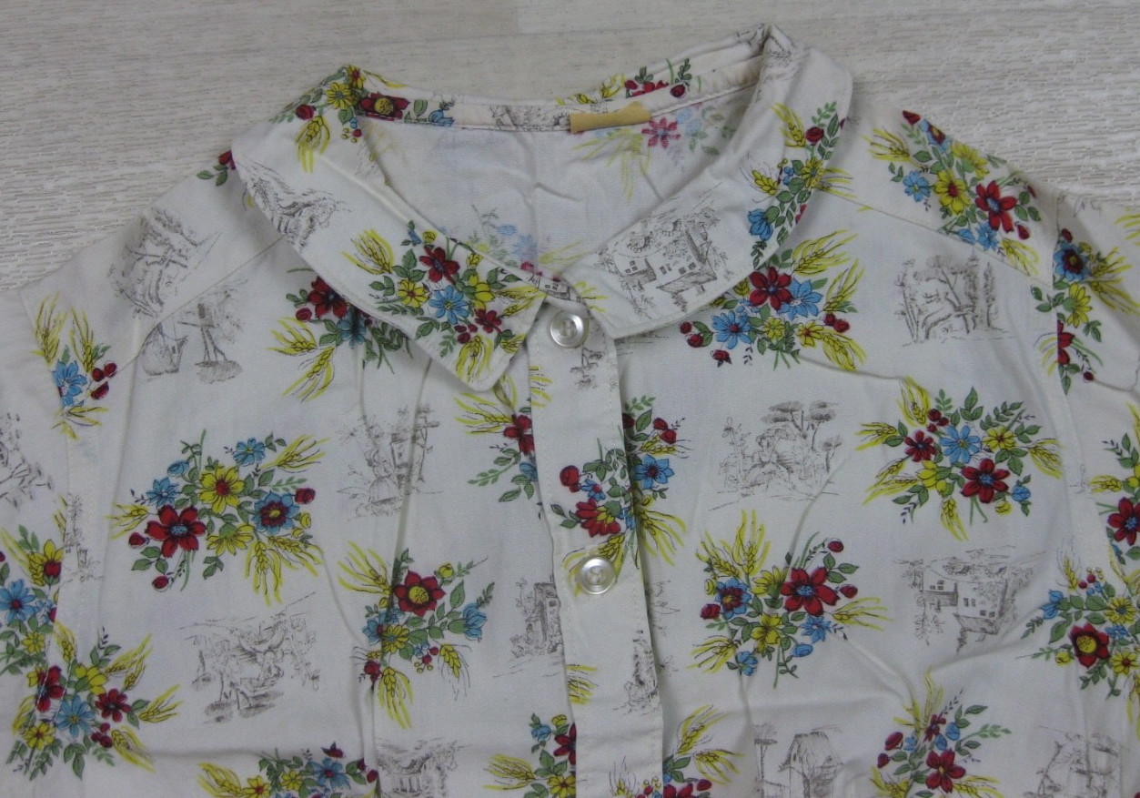 Vintage 50s Shirtwaist Day Dress (XS) Cotton Novelty Print Floral Landscape