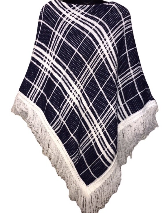 Vtg 70s Plaid Knit Turbo Orlon Acrylic PONCHO~Retro~Boho~Granny Core~Hippie~Mod