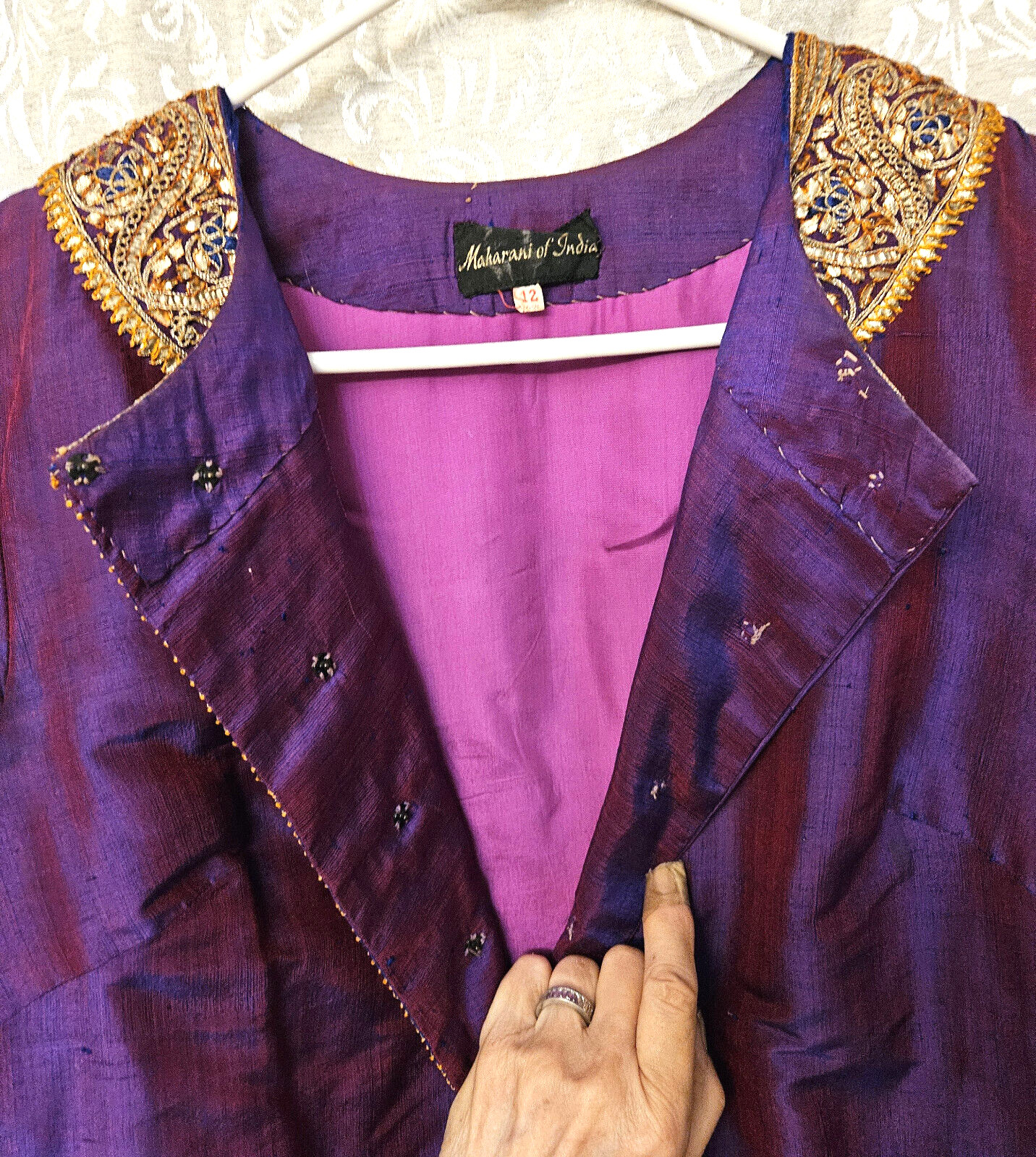 Maharani of India ’60s dupioni silk Jackie O dress thick gold bullion embroidery