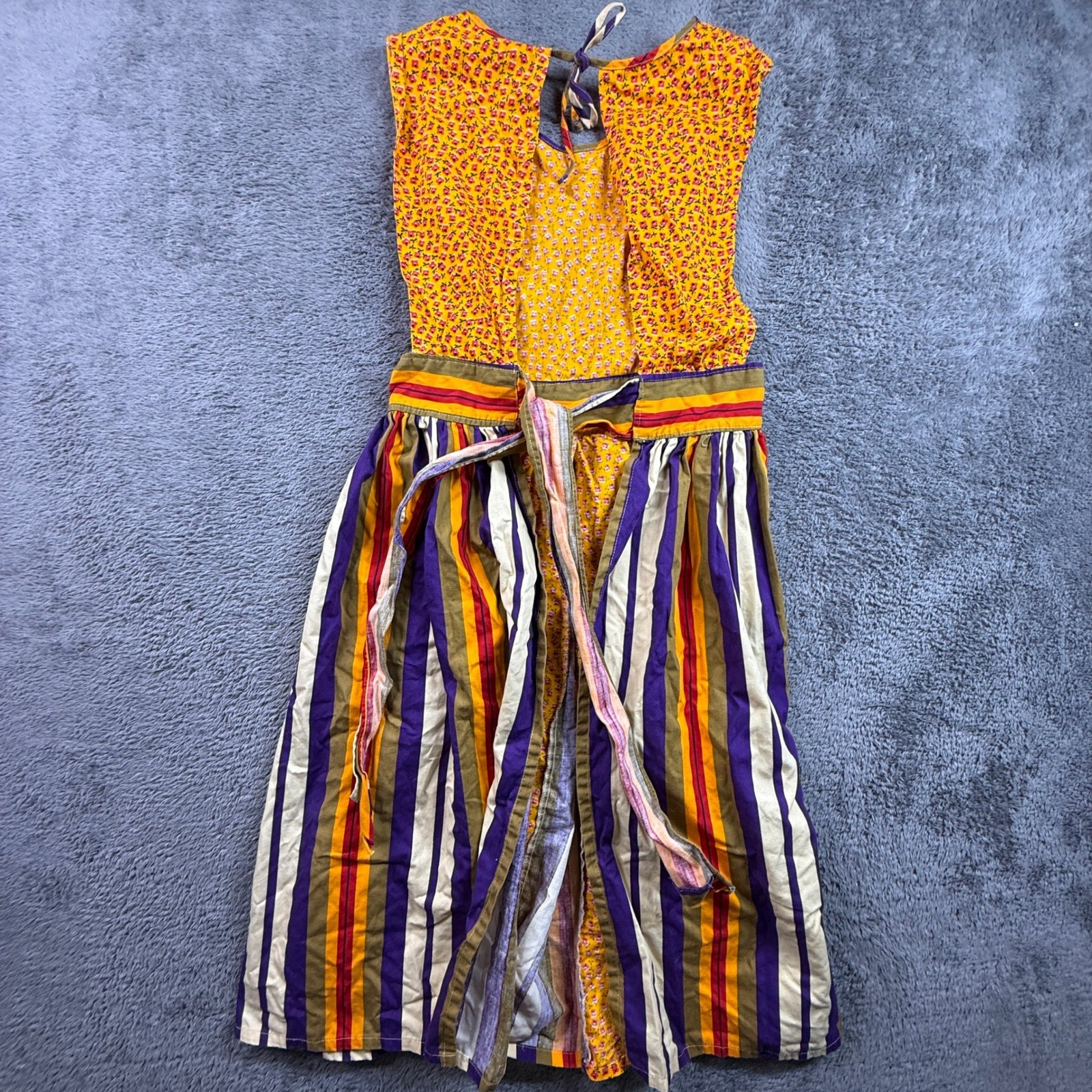 Handmade Striped Dress Womens M/L Yellow Purple Excellent Vintage Cottagecore
