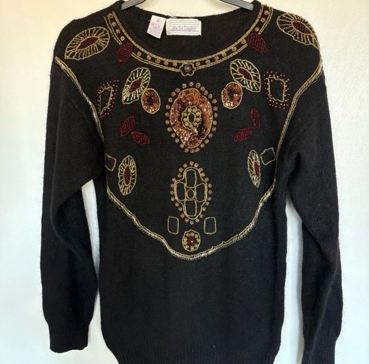Gladys Bagley Vintage Beaded Sequin Sweater Black S 1980s