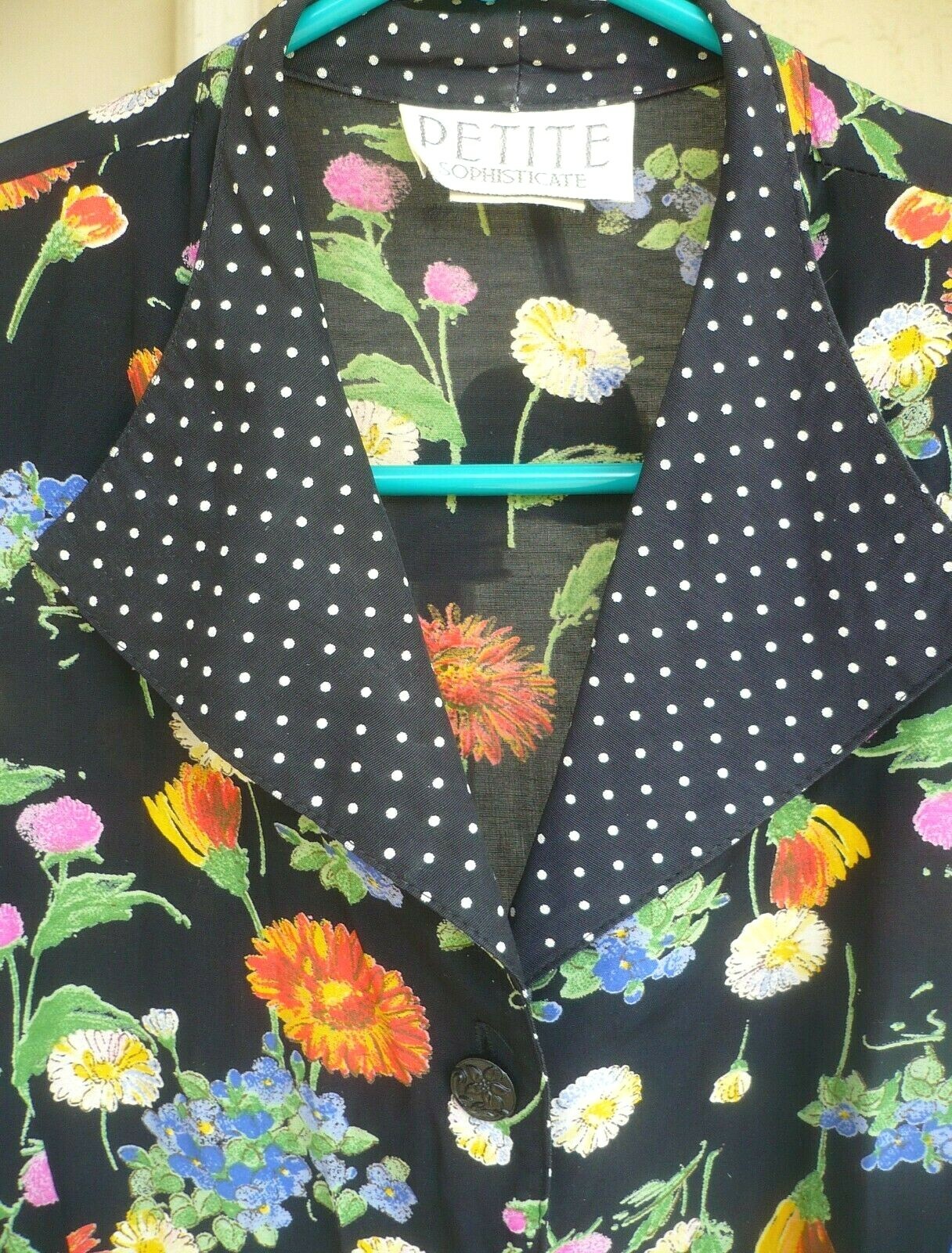 VTG 90S M PETITE SOPHISTICATE USA BRIGHT COLORFUL FLORAL POLKA DOT COLLAR BLOUSE