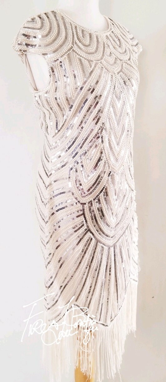 VINTAGE 60s 70s BEADED PEARL SEQUIN FRINGE FLAPPER DRESS SZ M 6 8