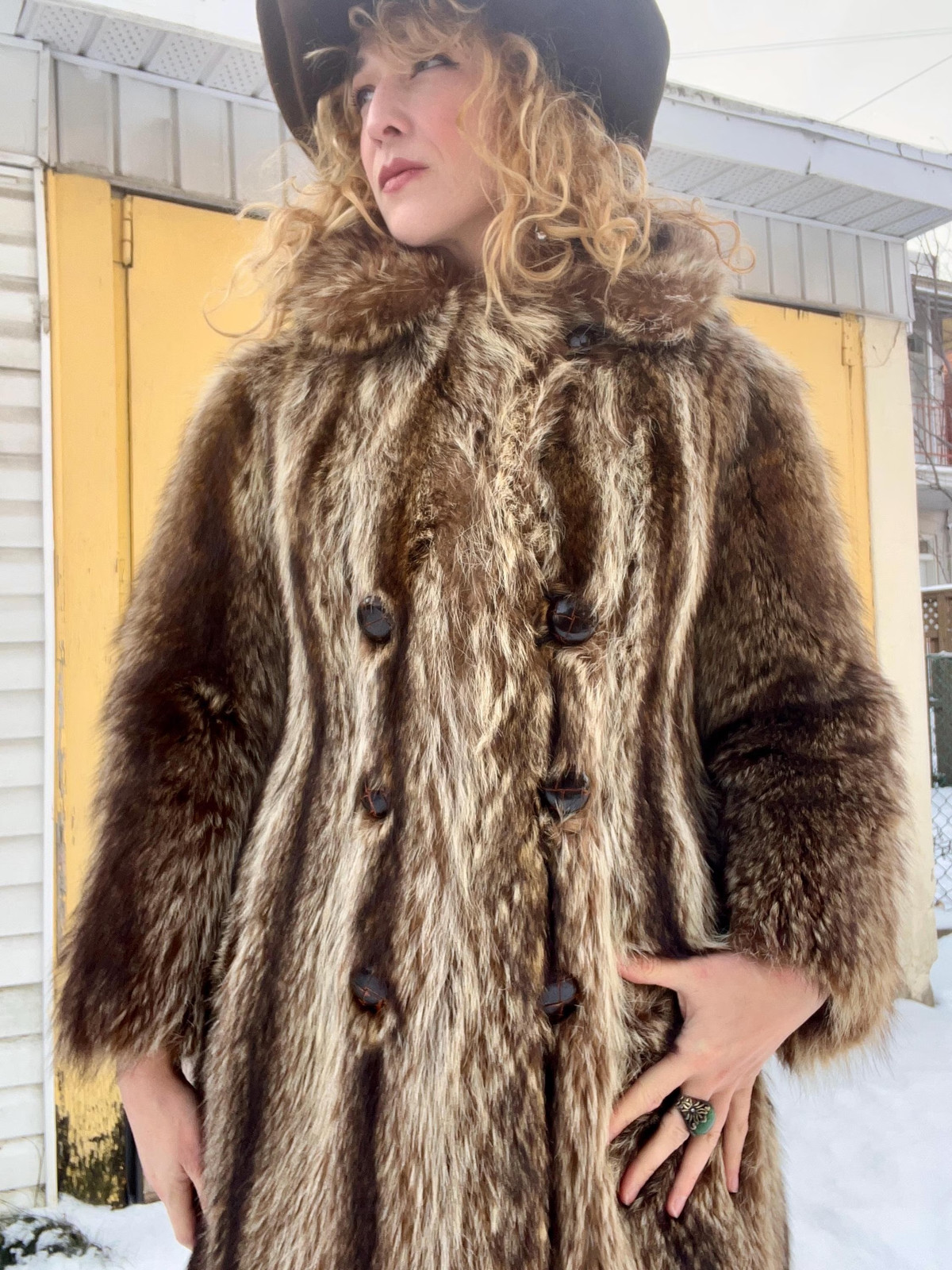 FULL LENGTH RACCOON Vintage 1970s Double Breasted Striped Racoon Fur Coat