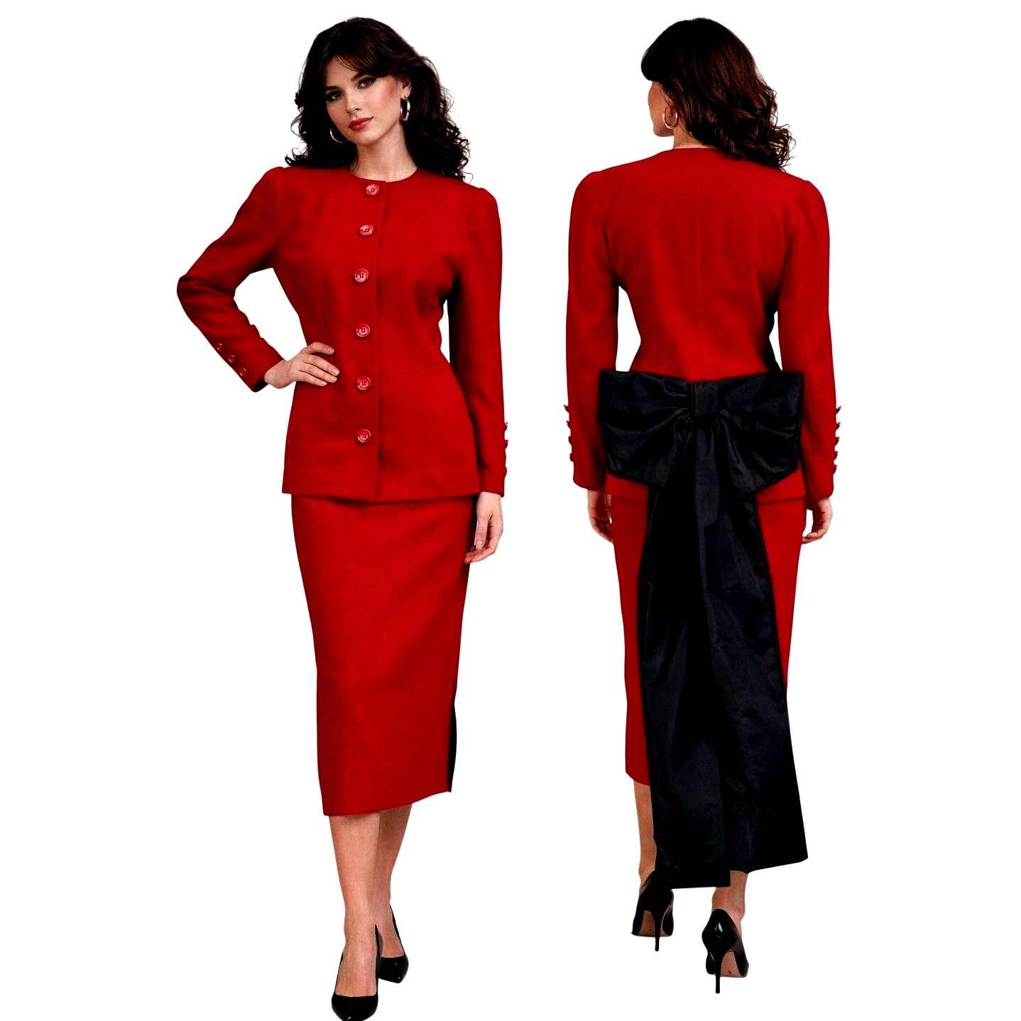 VTG 80s Red Wool Power Suit Black Bow Bustle Pencil Skirt Femme Fatale 4