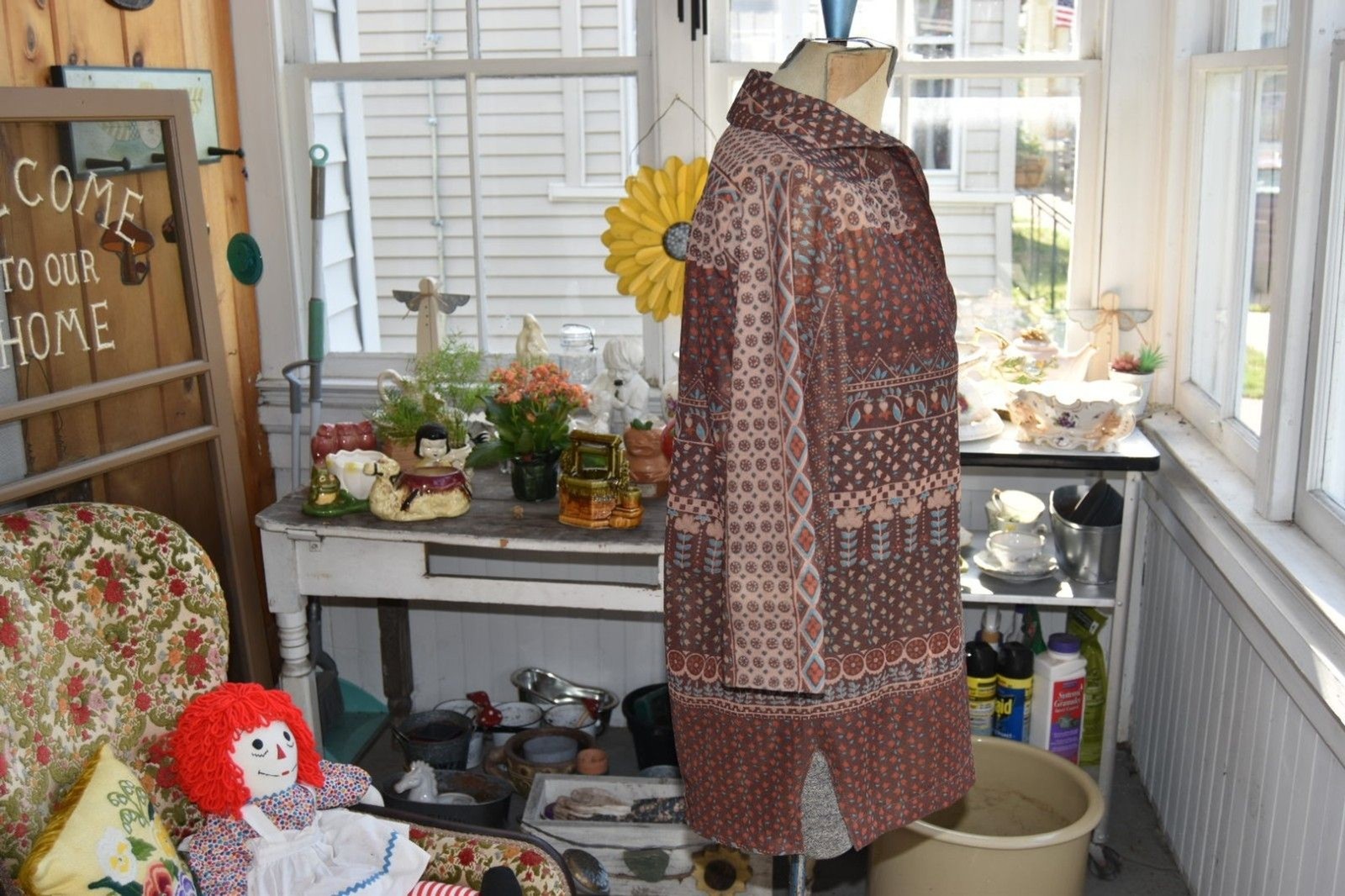 Vintage 1970s Blouse Boho Floral Geometric Print Tunic Sheer Brown M-L