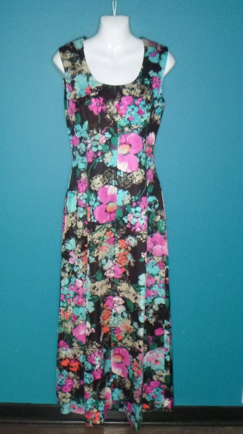 Vtg 60s Black W/ Multi Color Flower Power Print Poly Maxi Dress Sz 12