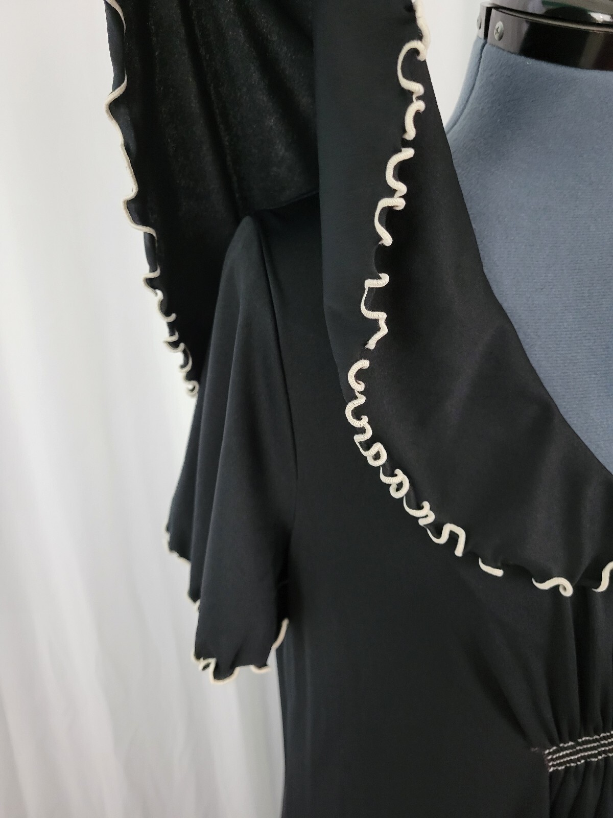 Vintage Black Dress w Shawl Collar Cream Piping Accent Size 14