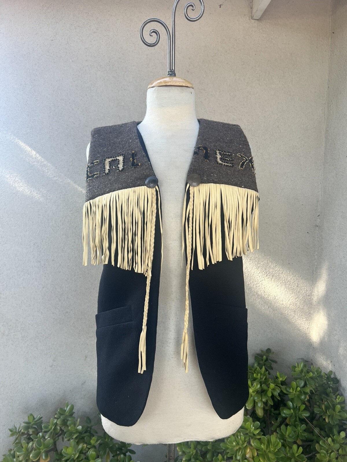 Vtg Wool Vest Southwest Mexican Theme Fringe Beads Small Krista Koeppe