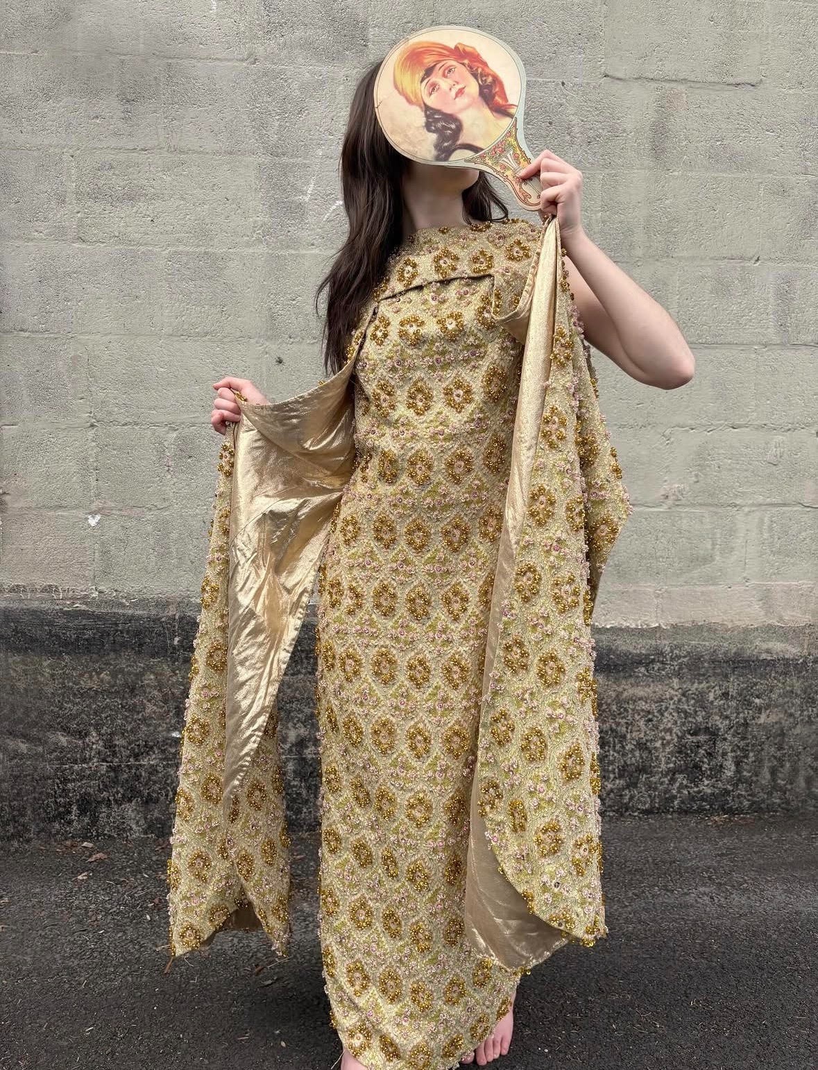 Vintage 1960s Nan Duskin Heavily Beaded Gold Pink Party Dress w/ Overcoat S/M