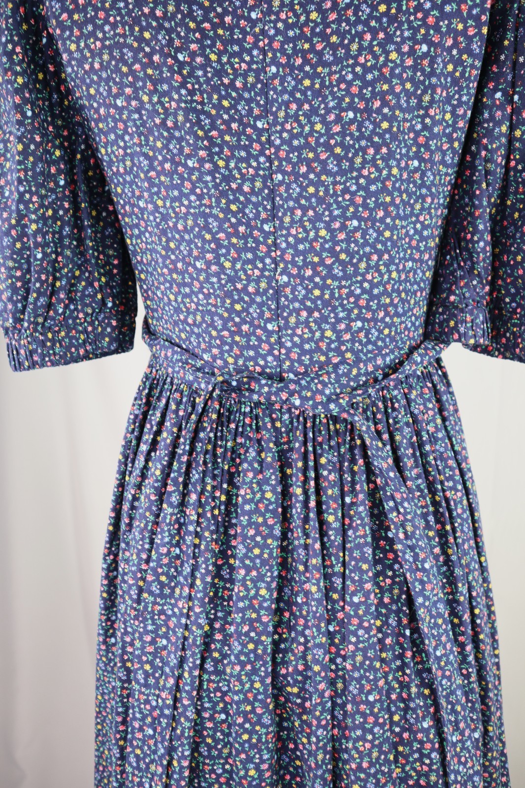 VTG 70s 8 S M Cottage Prairie Floral Print Long Maxi Lace Half Sleeve Dress Blue
