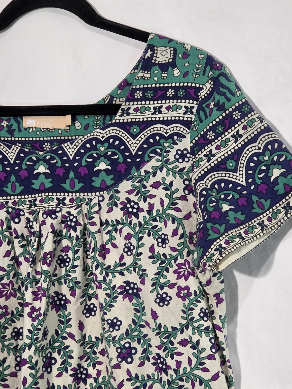 La Cera Shift Dress Womens Small Purple Teal Elephant Floral Cotton Boho Pockets
