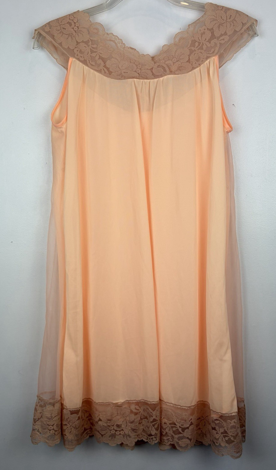 Vintage Babydoll Nightgown Womens Small Chiffon Nylon Lace Shift Dress Peach USA