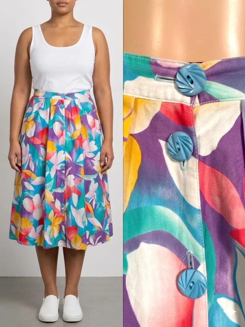 Vintage 1980s French Watercolor Tropical Floral Print Full Midi Skirt Size 33 Wa