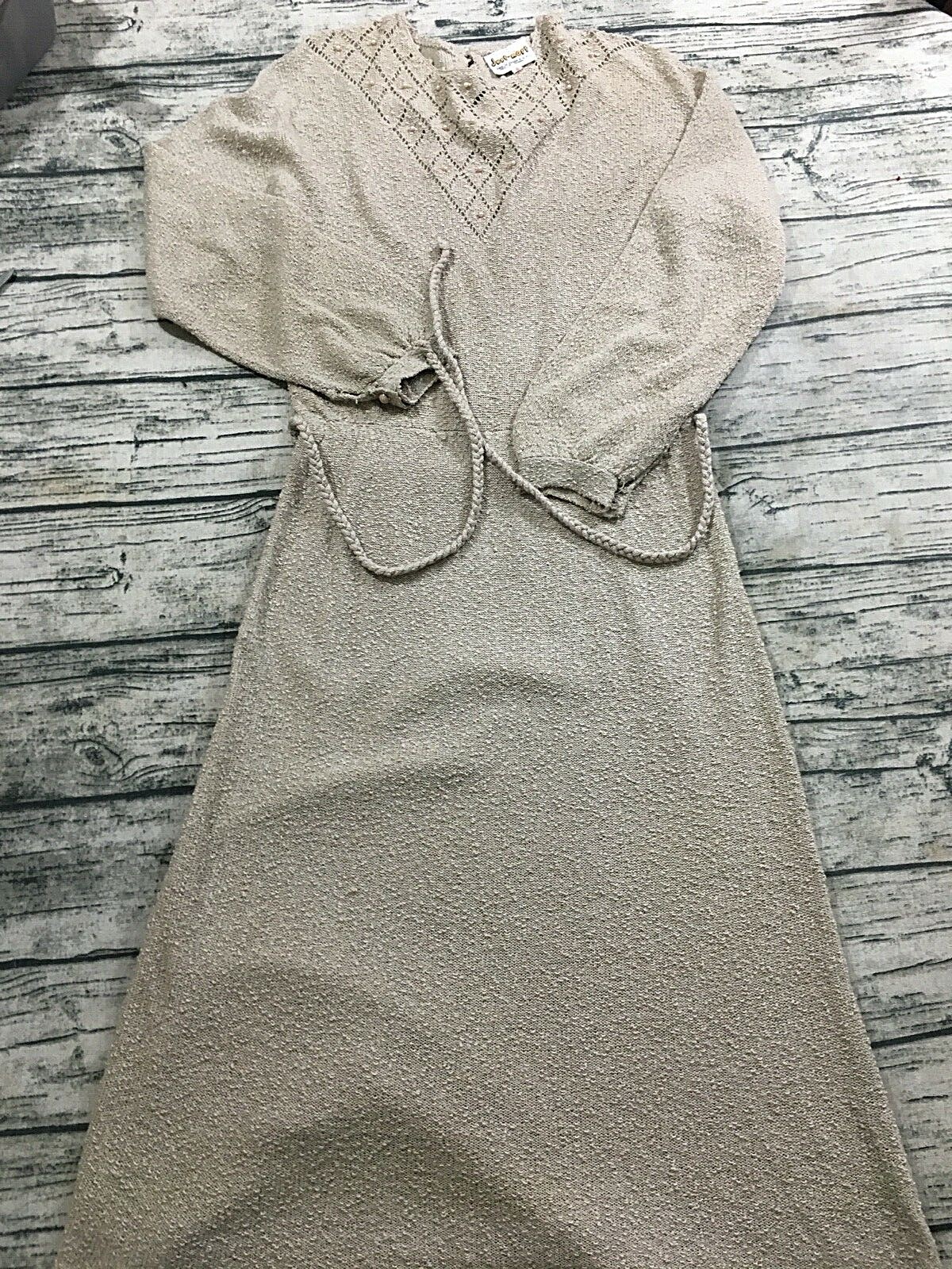 VTG 70s Just Mort Nubby Sweater Dress Sz S Faux Pearl Long Sleeve Belted Boho