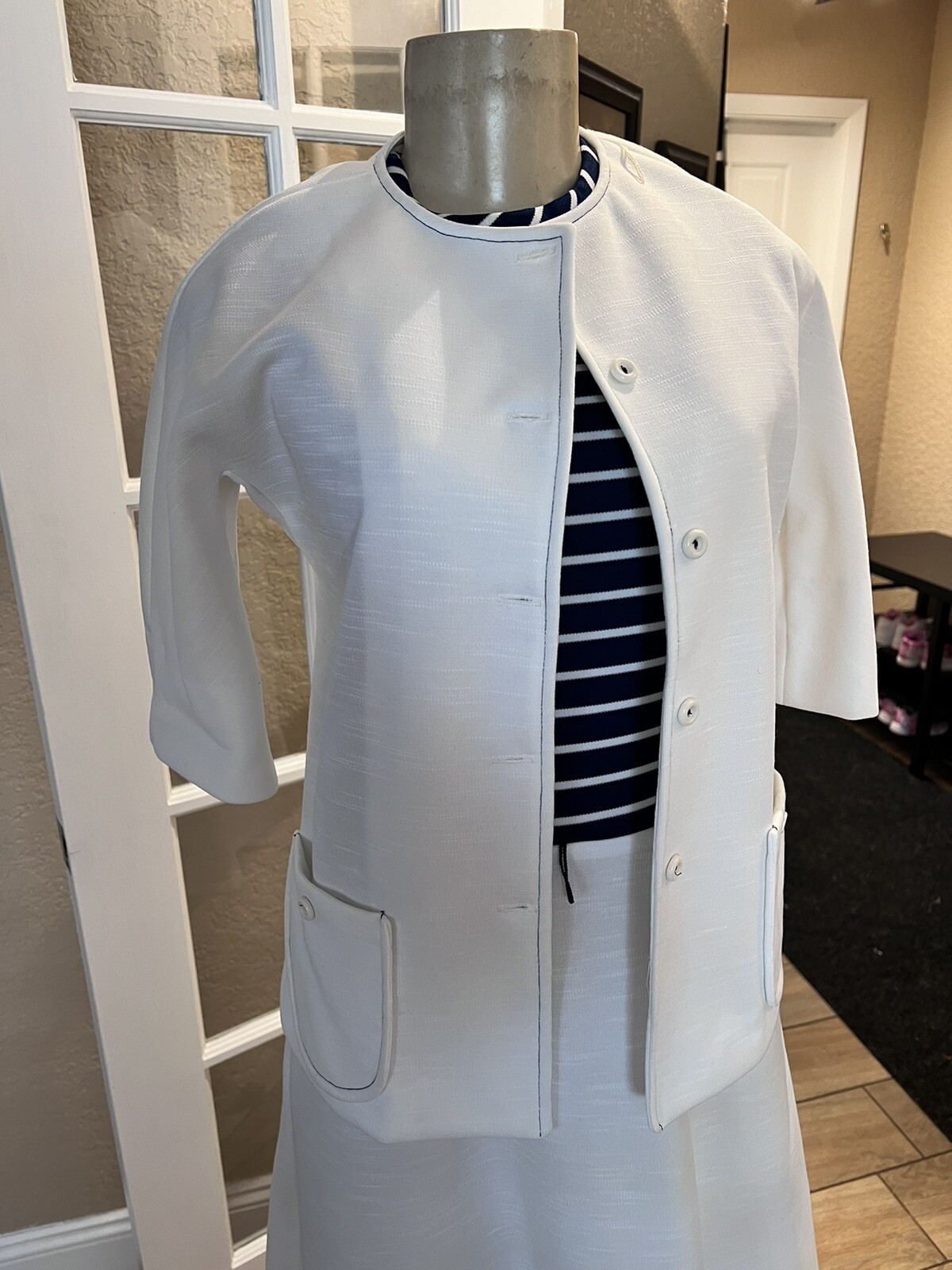 VTG 1960s Judy Wayne Dress & Bolero White Blue Striped Sz 8 xzz