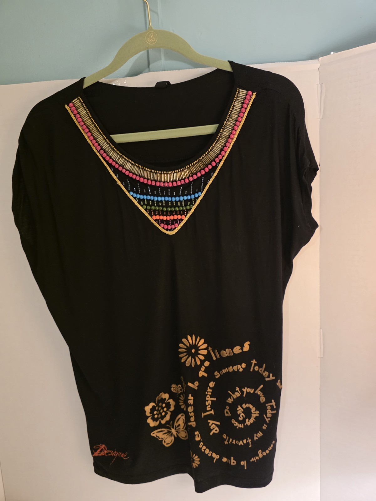 Womens SHIRT BEADED Y2k By Disigual. BOHO SZ S Gold Lettering And Beaded.