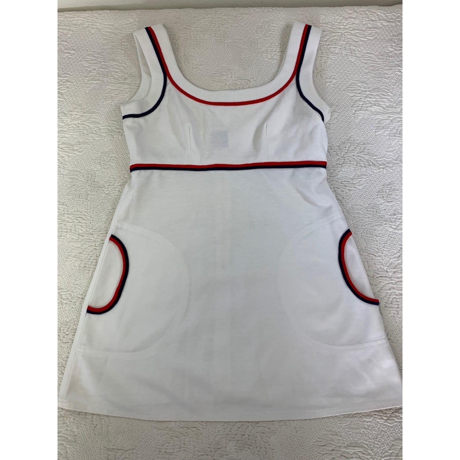Vintage Loomtogs Tennis Whites Dress White Red Blue Striped Mini Pockets Sz S