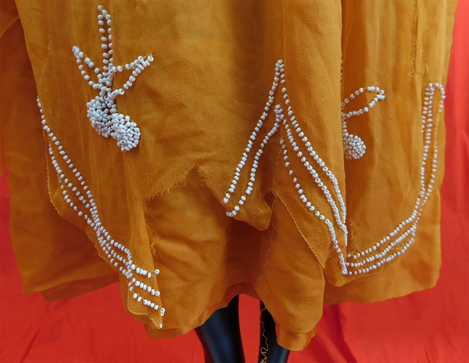 Vintage Orange Silk Chiffon White Beaded Cherries Handkerchief Hem Tabard Dress