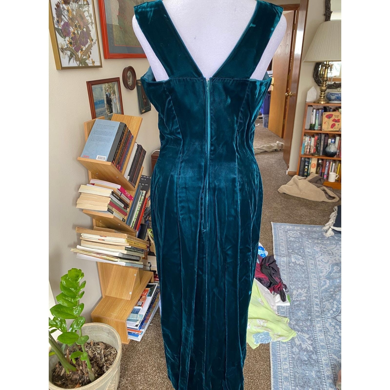 Vintage Velvet Brooch Blue Maxi Dress Gown 12 Pin up Femme Mob Wife Siren 50s