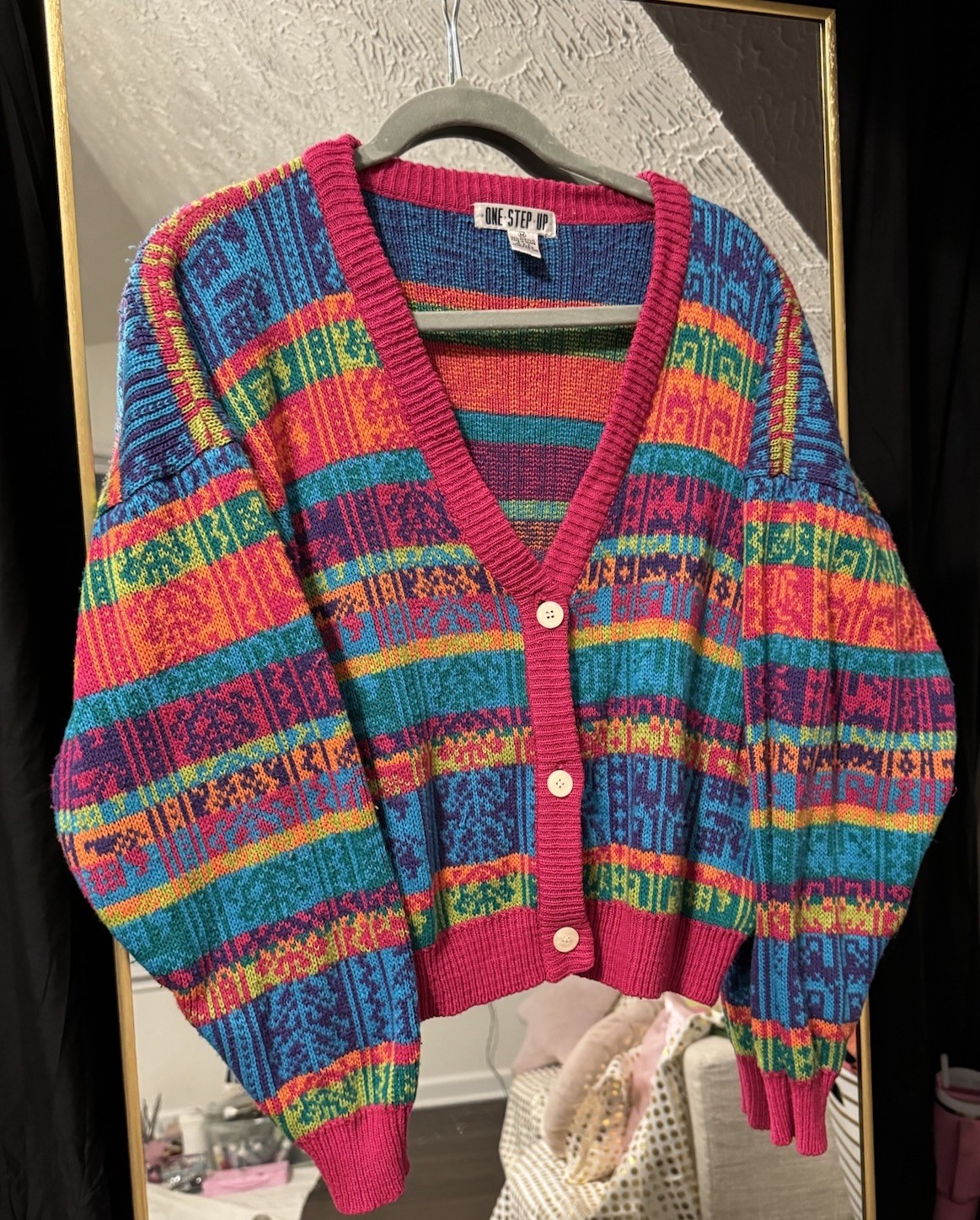 Vintage 90s One Step Up Knit Cardigan Sweater Geometric Neon Color Block M⁠