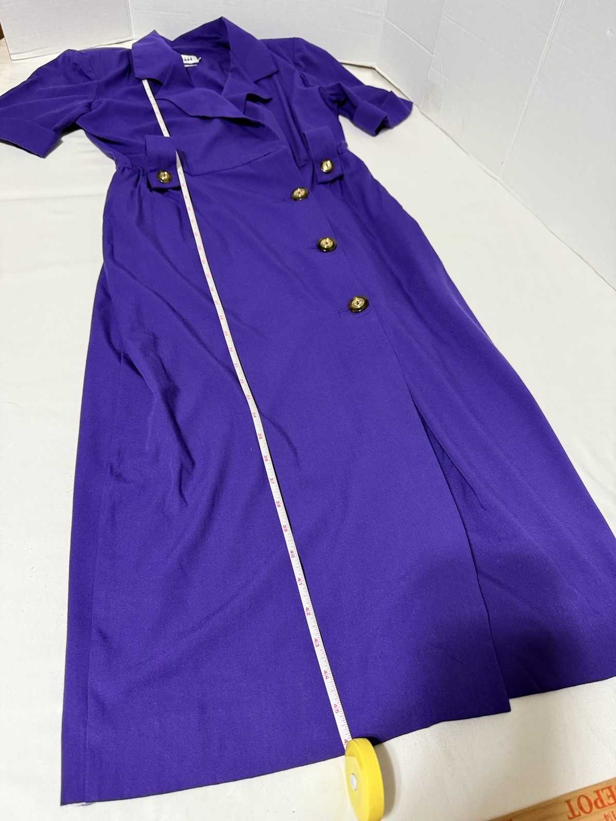 Vintage 80s Leslie Fay Purple Power Dress Gold Button Midi USA Womens 8
